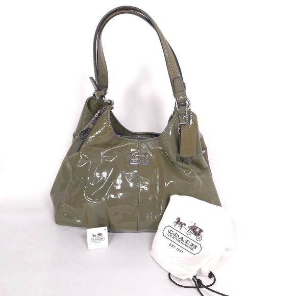 Coach Handbags - COACH Madison Patent Maggie Glossy Dark Grey Leather Satchel Bag Shoulder Purse‎